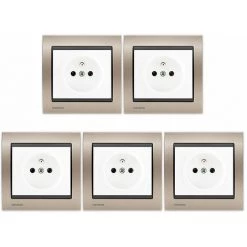 LOT De 5 Prises 2P+T Blanc Delta Iris + Plaques Métal Champagne - SIEMENS - SIEMENS